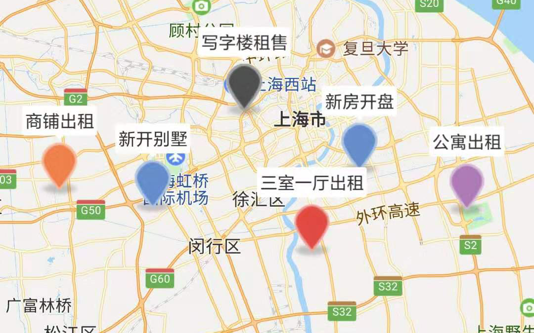 中介房源管理:地图上按商铺出租、写字楼租售、新房开盘、公寓出租、三室一厅出租等类型标记房源
