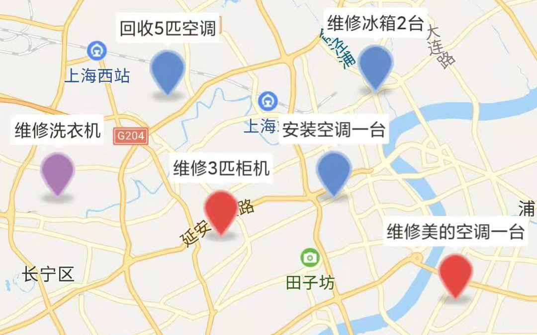 上门服务派单:地图上标记空调回收、冰箱维修、洗衣机维修、空调安装等维修工单点位